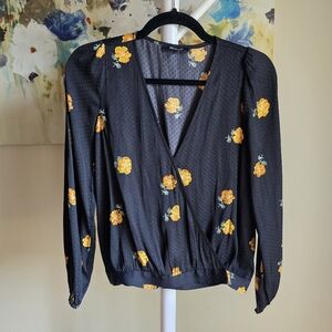 🌼 Madewell Floral Dot Surplice Blouse | XS | Black with Gold Flowers